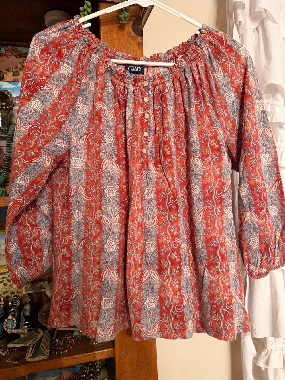 Chaps Red Paisley Off-Shoulder Blouse